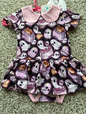 Pink Ghost & Toaster Print Baby One-Piece Bamboo Dress